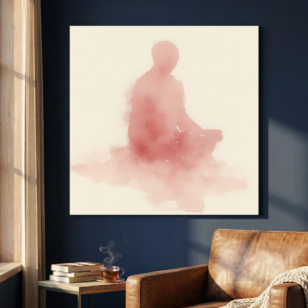 Minimalist pink watercolour Meditating Buddha wall art in a lotus pose on cream background.