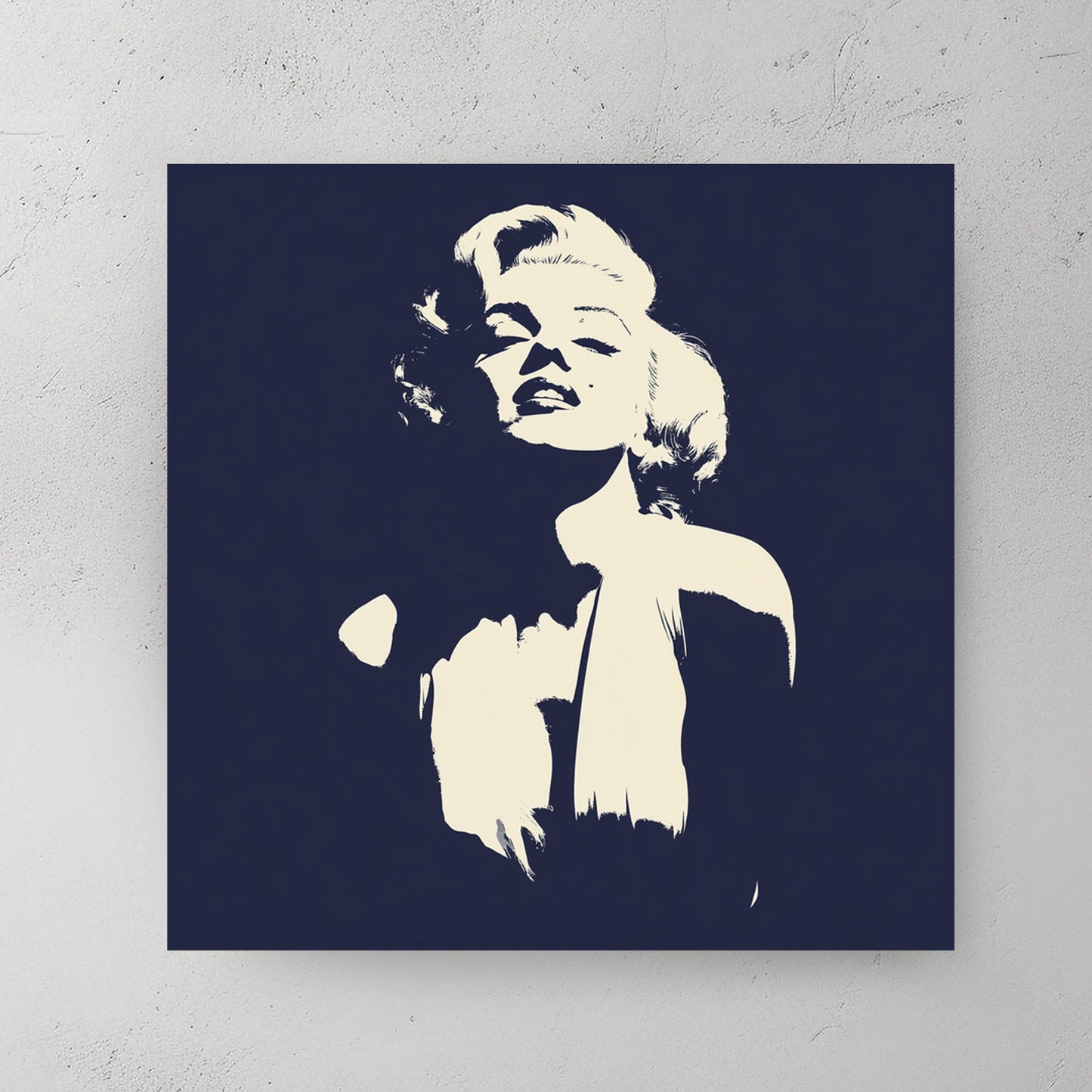 Stencil-style Marilyn Monroe wall art in cream and navy blue.