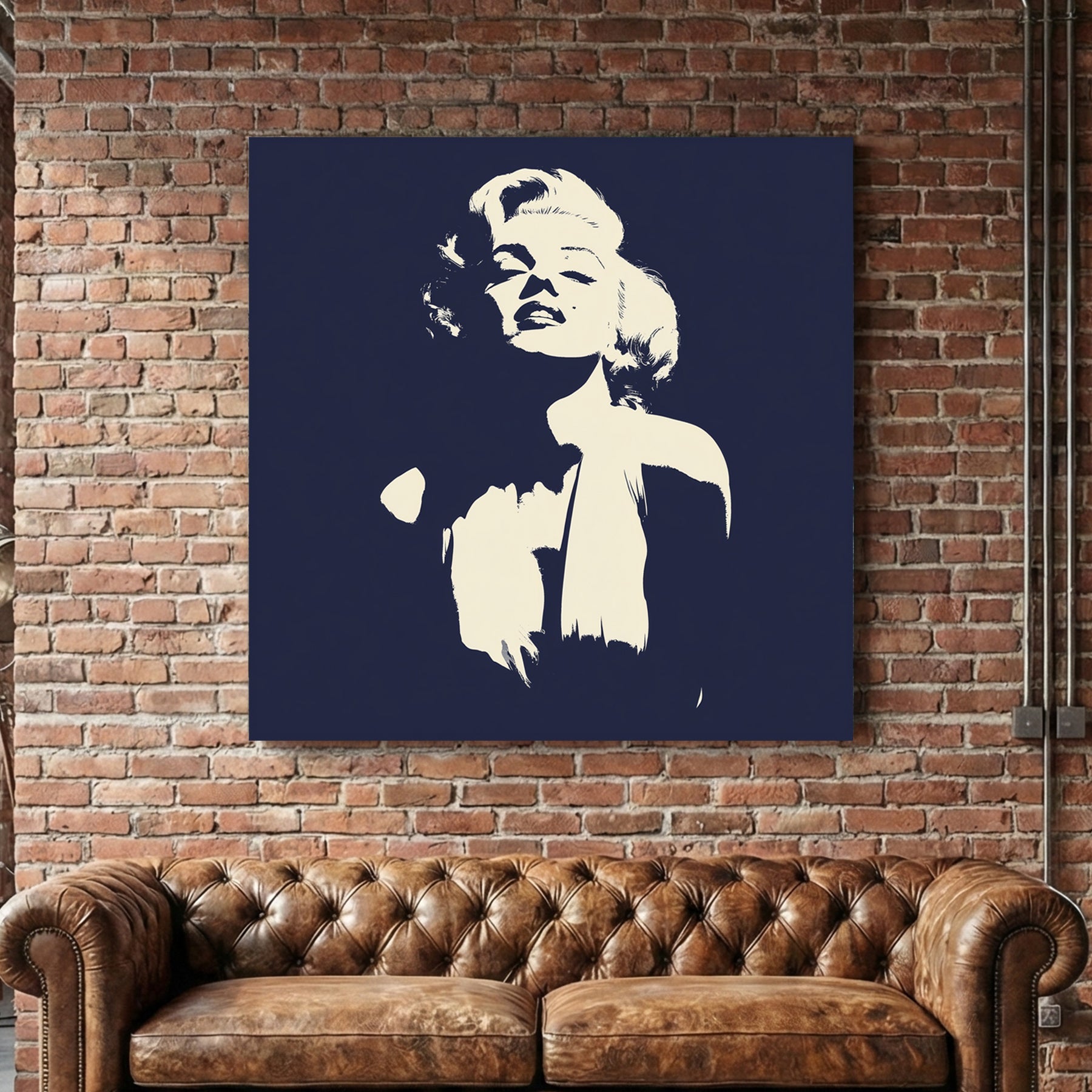Stencil-style Marilyn Monroe wall art in cream and navy blue.