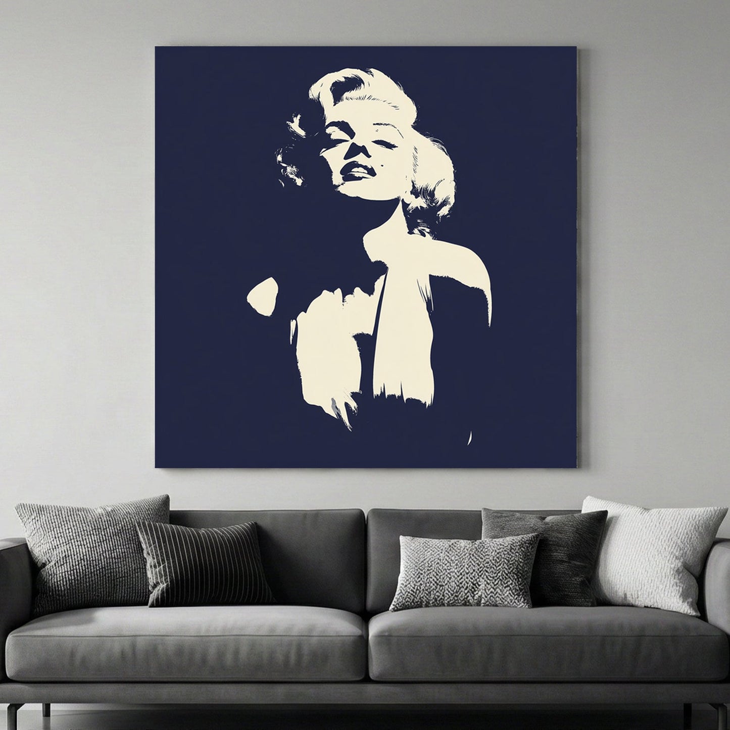 Stencil-style Marilyn Monroe wall art in cream and navy blue.
