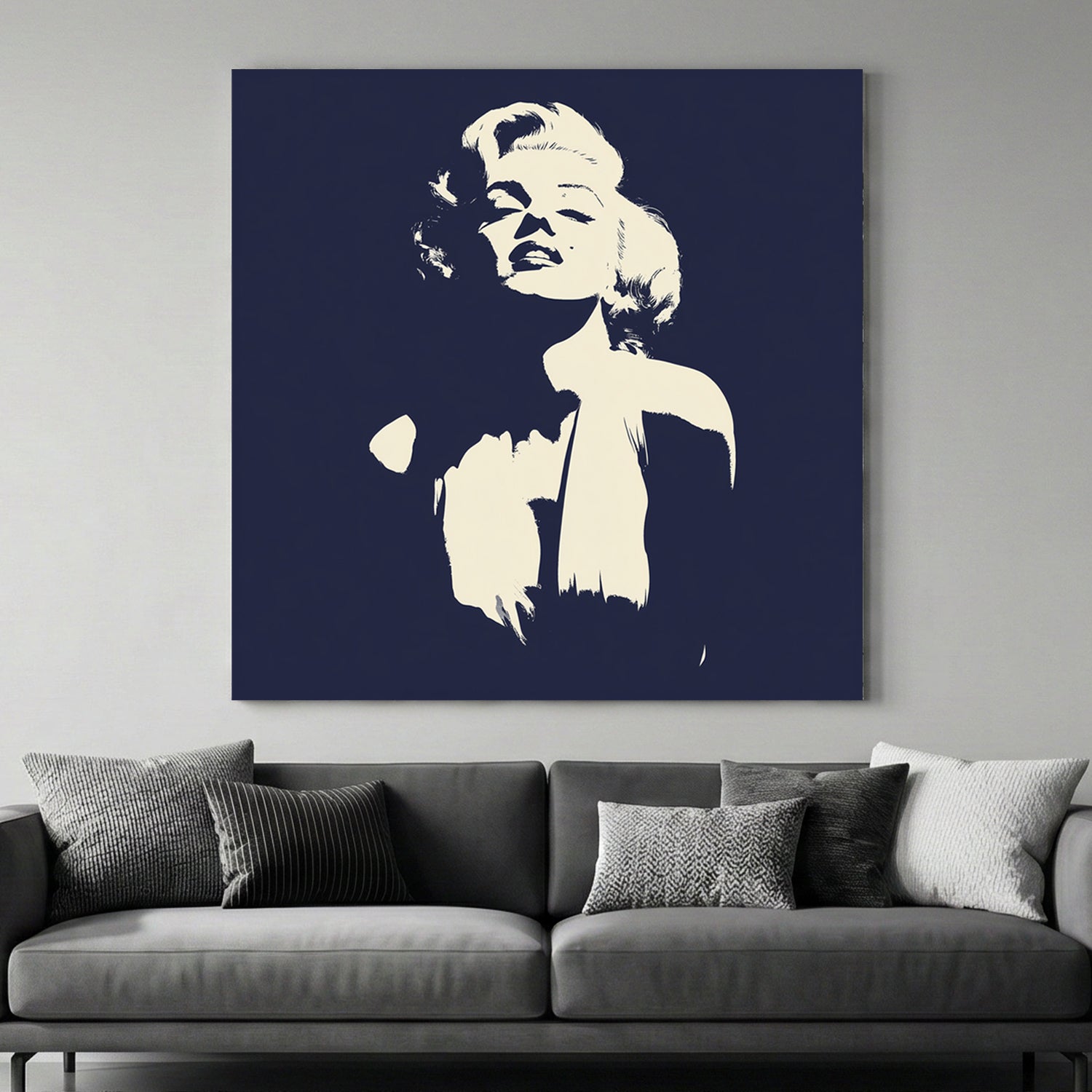 Stencil-style Marilyn Monroe wall art in cream and navy blue.