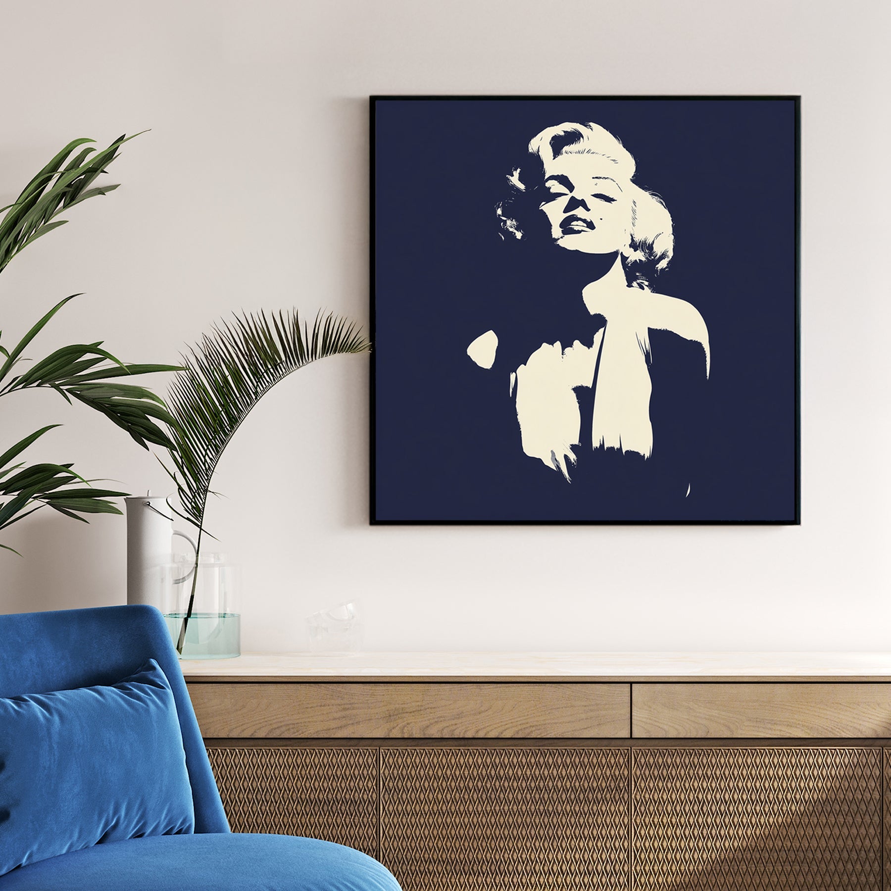Stencil-style Marilyn Monroe wall art in cream and navy blue.