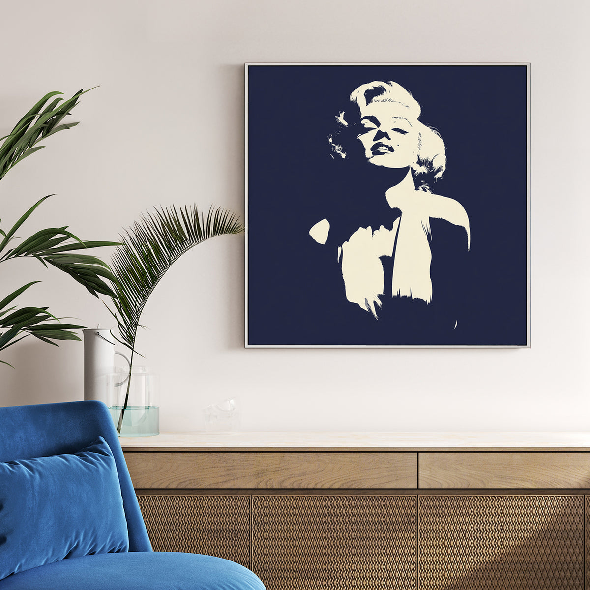Stencil-style Marilyn Monroe wall art in cream and navy blue.