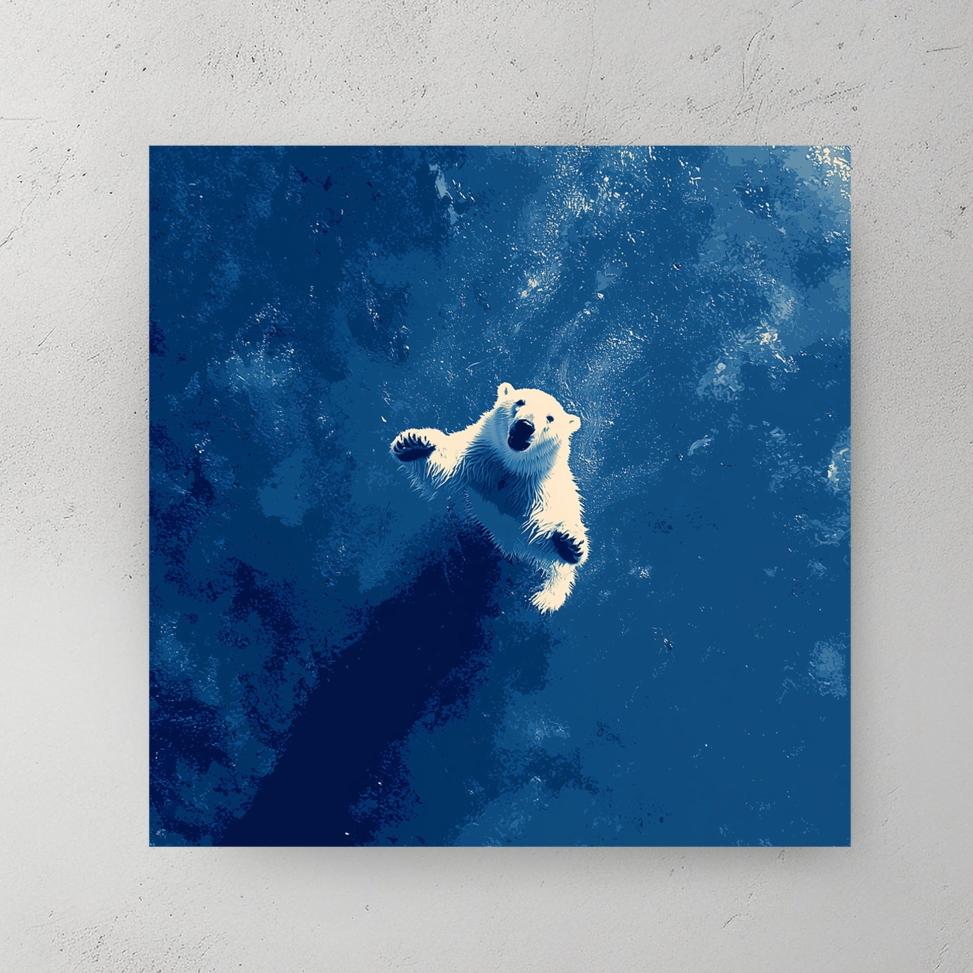 Minimalist wall art featuring a white Polar Bear swimming in deep blue water.