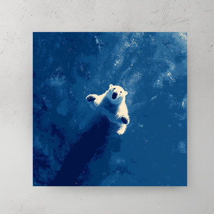 Minimalist wall art featuring a white Polar Bear swimming in deep blue water.