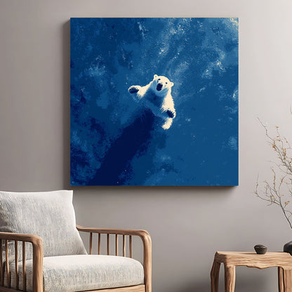 Minimalist wall art featuring a white Polar Bear swimming in deep blue water.