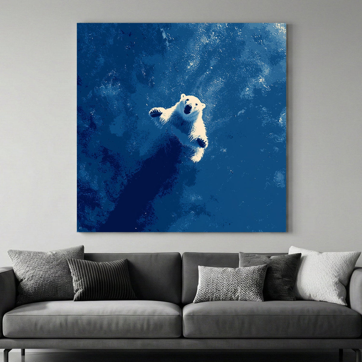 Minimalist wall art featuring a white Polar Bear swimming in deep blue water.