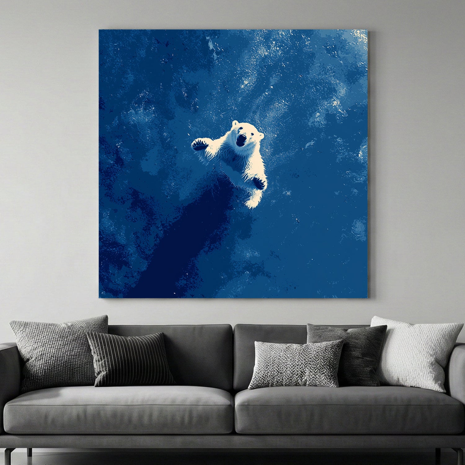 Minimalist wall art featuring a white Polar Bear swimming in deep blue water.
