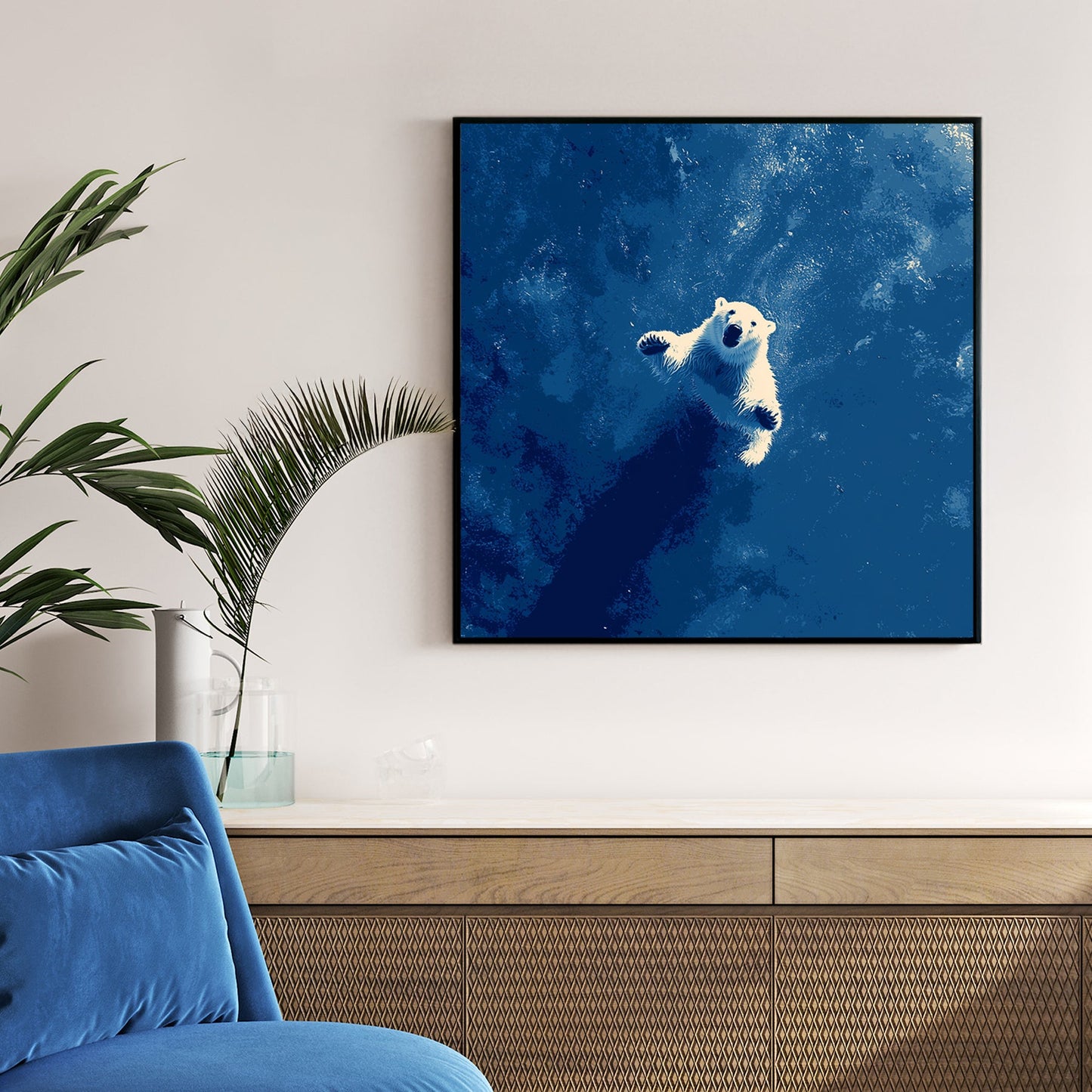 Minimalist wall art featuring a white Polar Bear swimming in deep blue water.