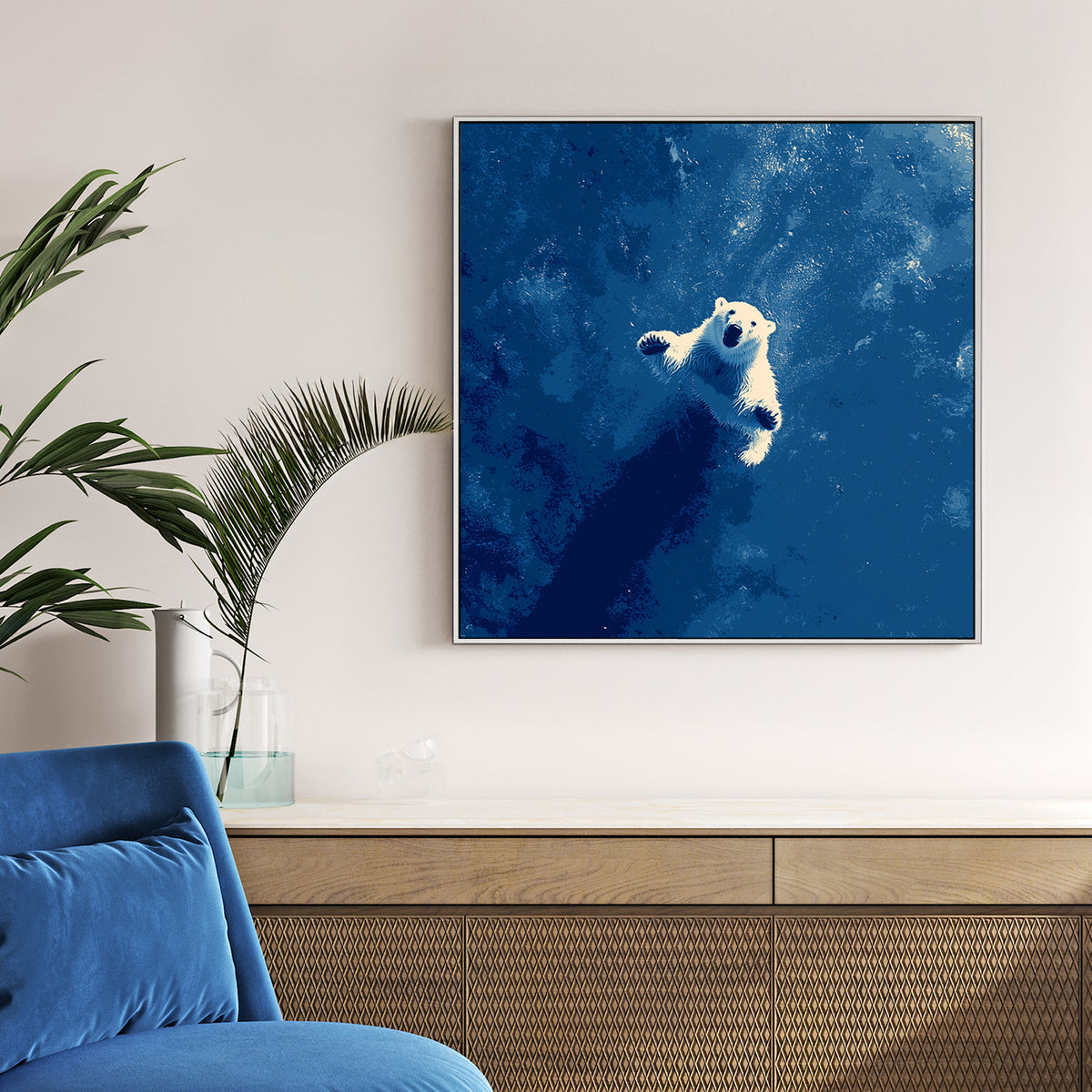 Minimalist wall art featuring a white Polar Bear swimming in deep blue water.