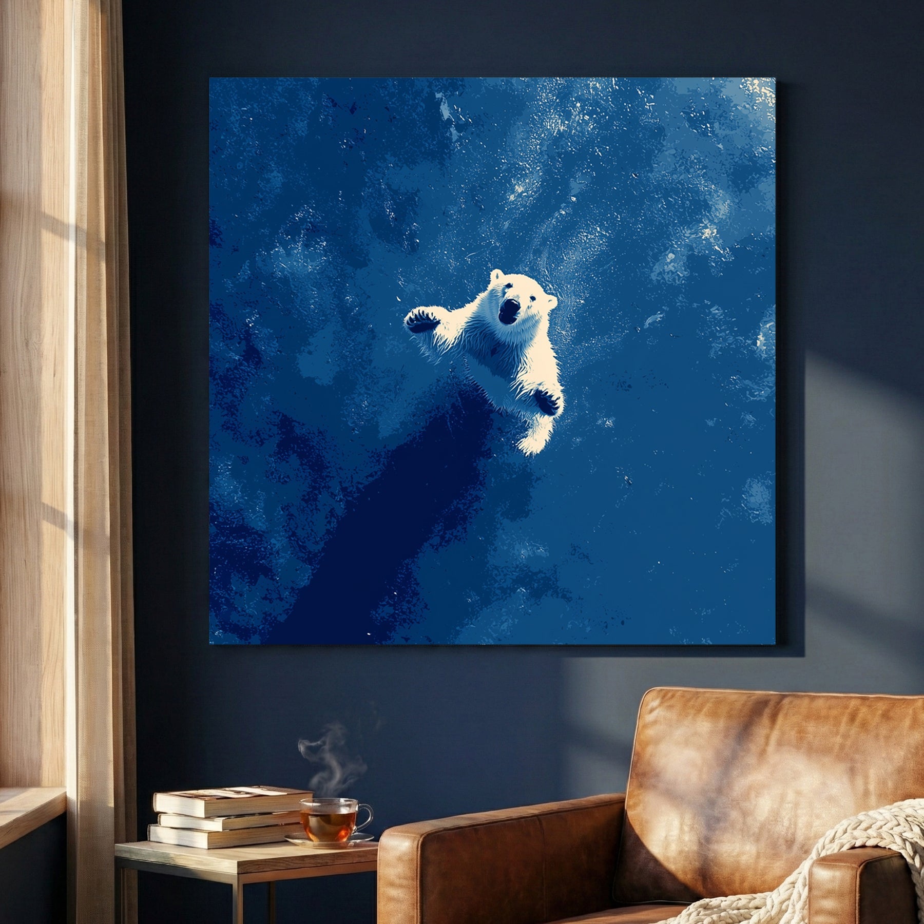 Minimalist wall art featuring a white Polar Bear swimming in deep blue water.