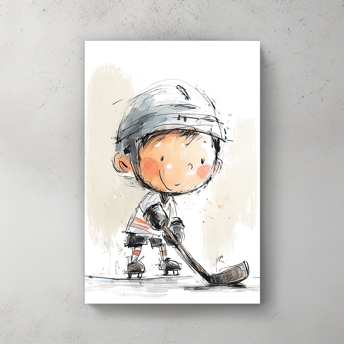 Young ice hockey player in watercolour illustration wall art.