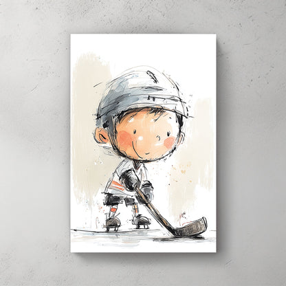 Young ice hockey player in watercolour illustration wall art.