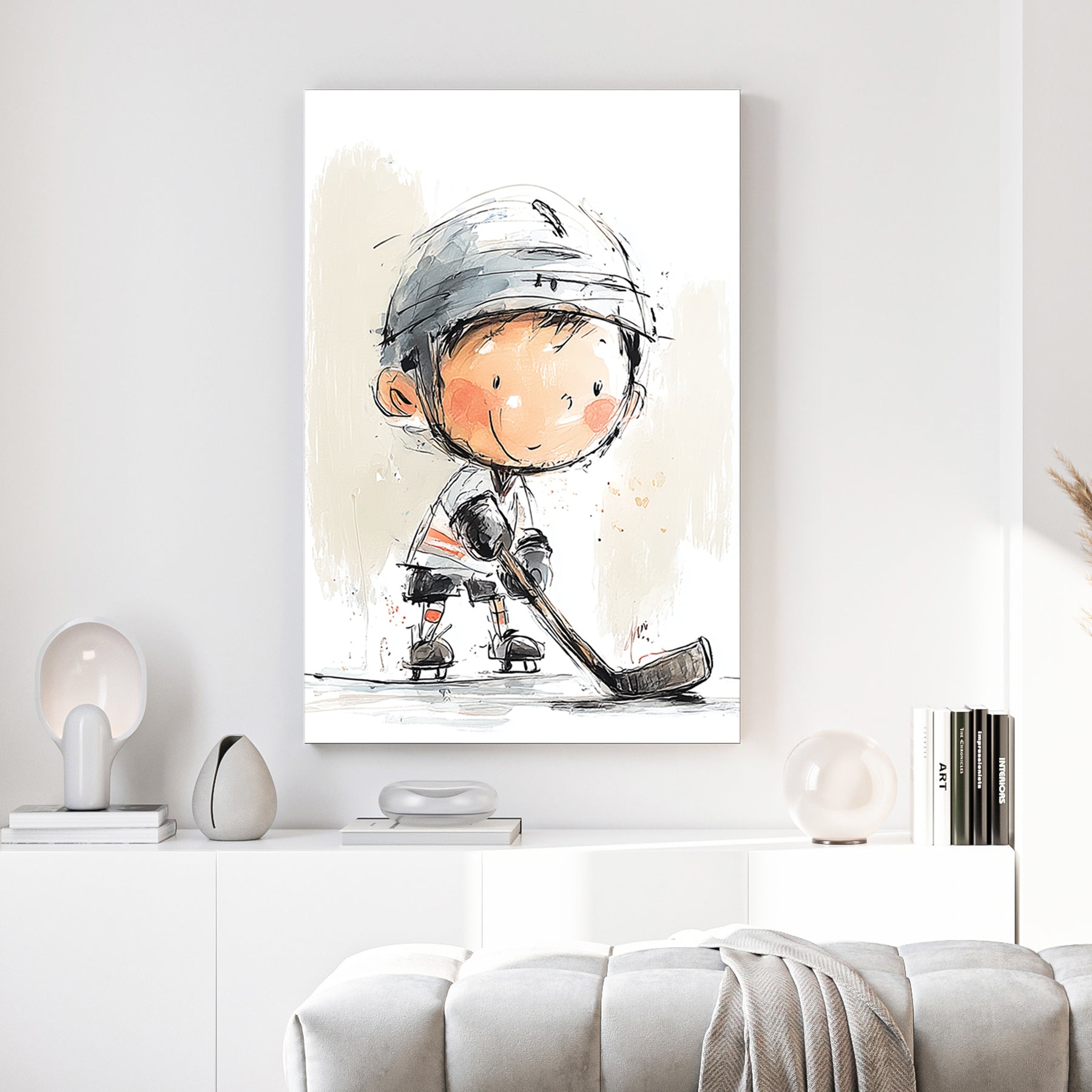 Young ice hockey player in watercolour illustration wall art.