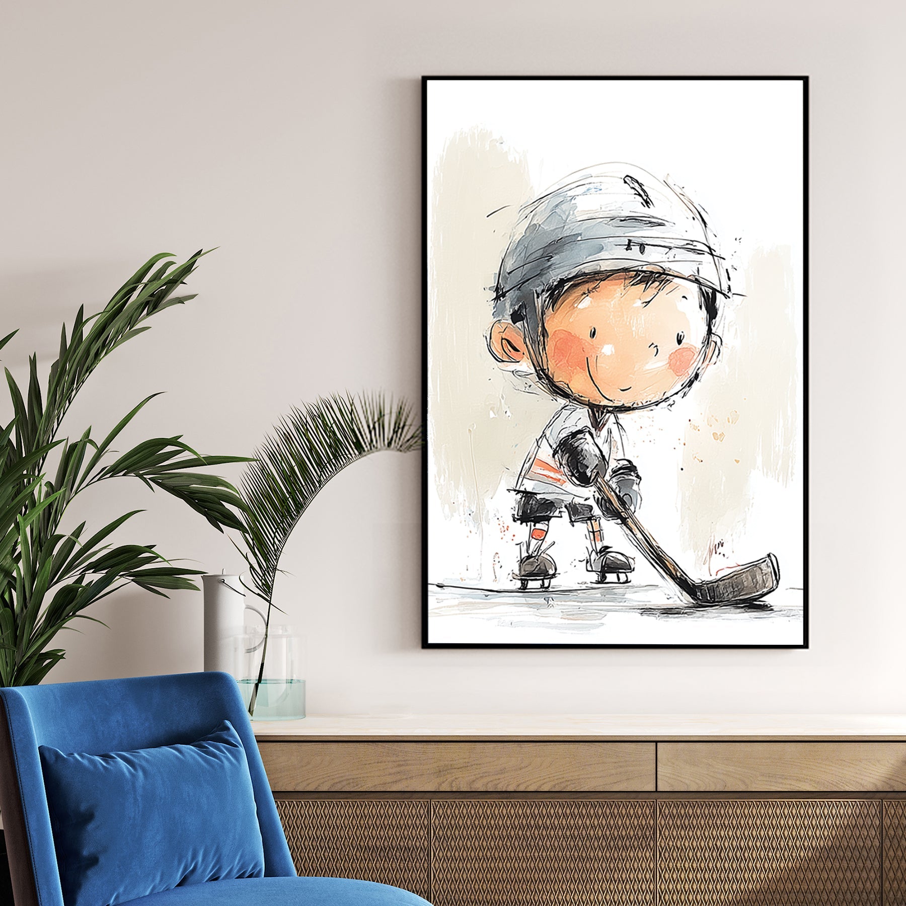 Young ice hockey player in watercolour illustration wall art.