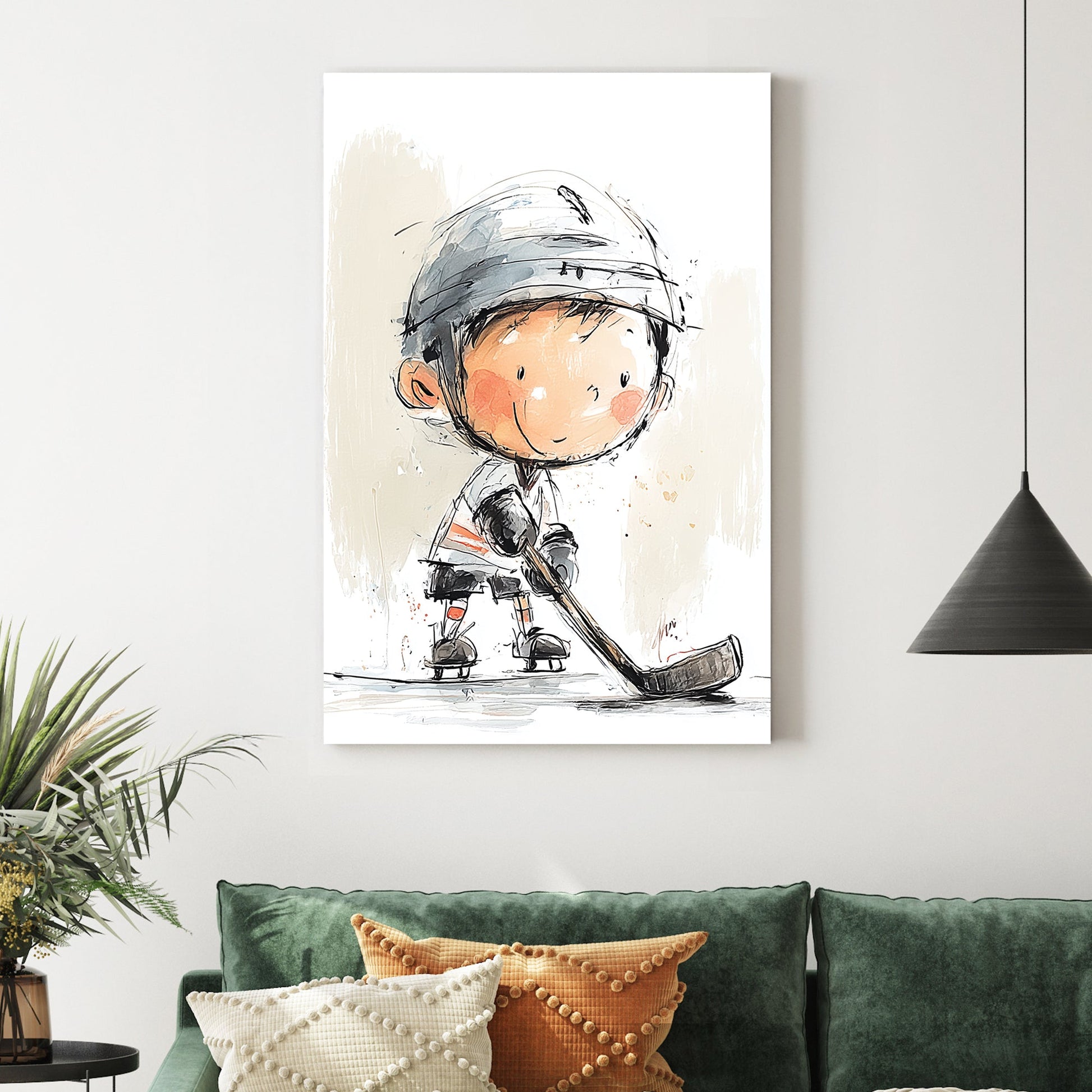 Young ice hockey player in watercolour illustration wall art.