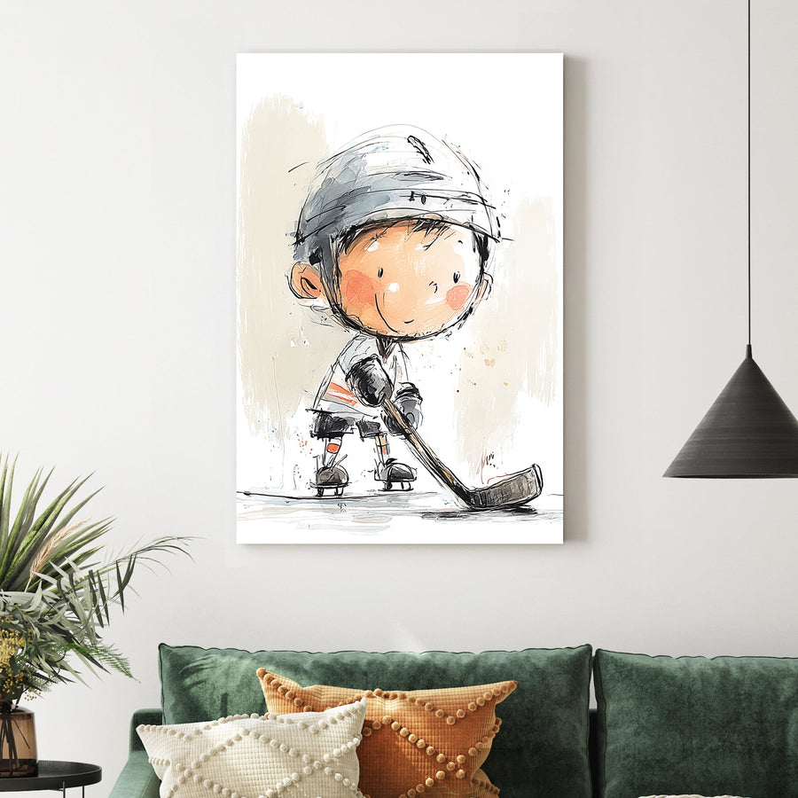 Young ice hockey player in watercolour illustration wall art.