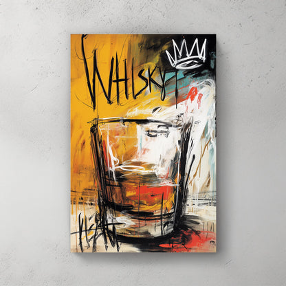 Baquiat style street art wall art featuring a whisky glass with a white crown.