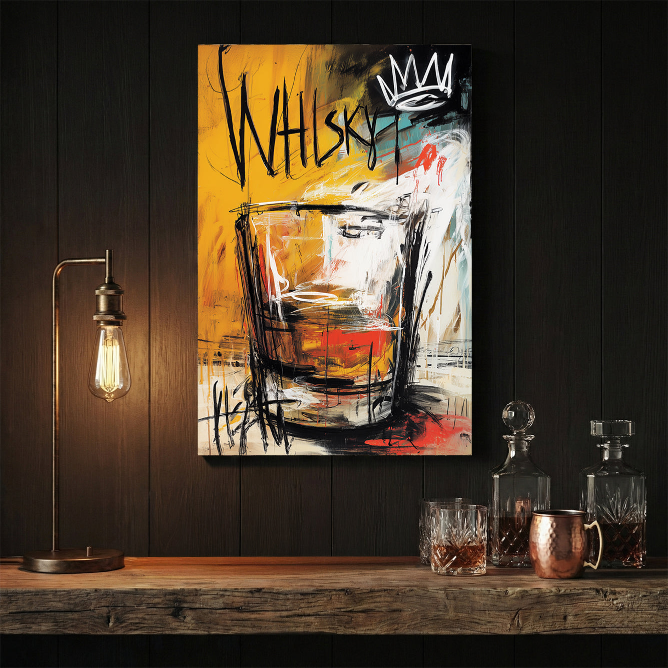 Baquiat style street art wall art featuring a whisky glass with a white crown.