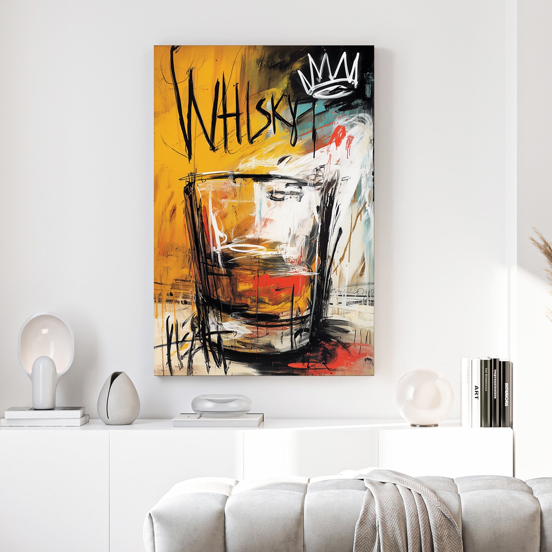 Baquiat style street art wall art featuring a whisky glass with a white crown.