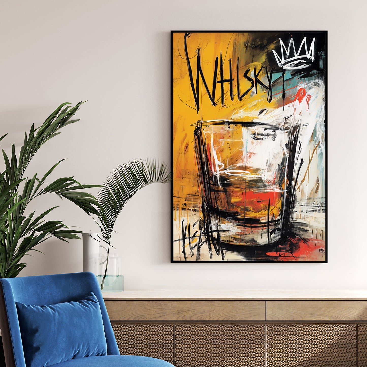 Baquiat style street art wall art featuring a whisky glass with a white crown.