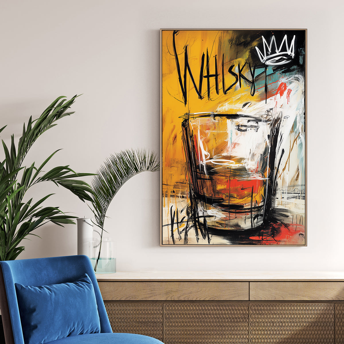 Baquiat style street art wall art featuring a whisky glass with a white crown.