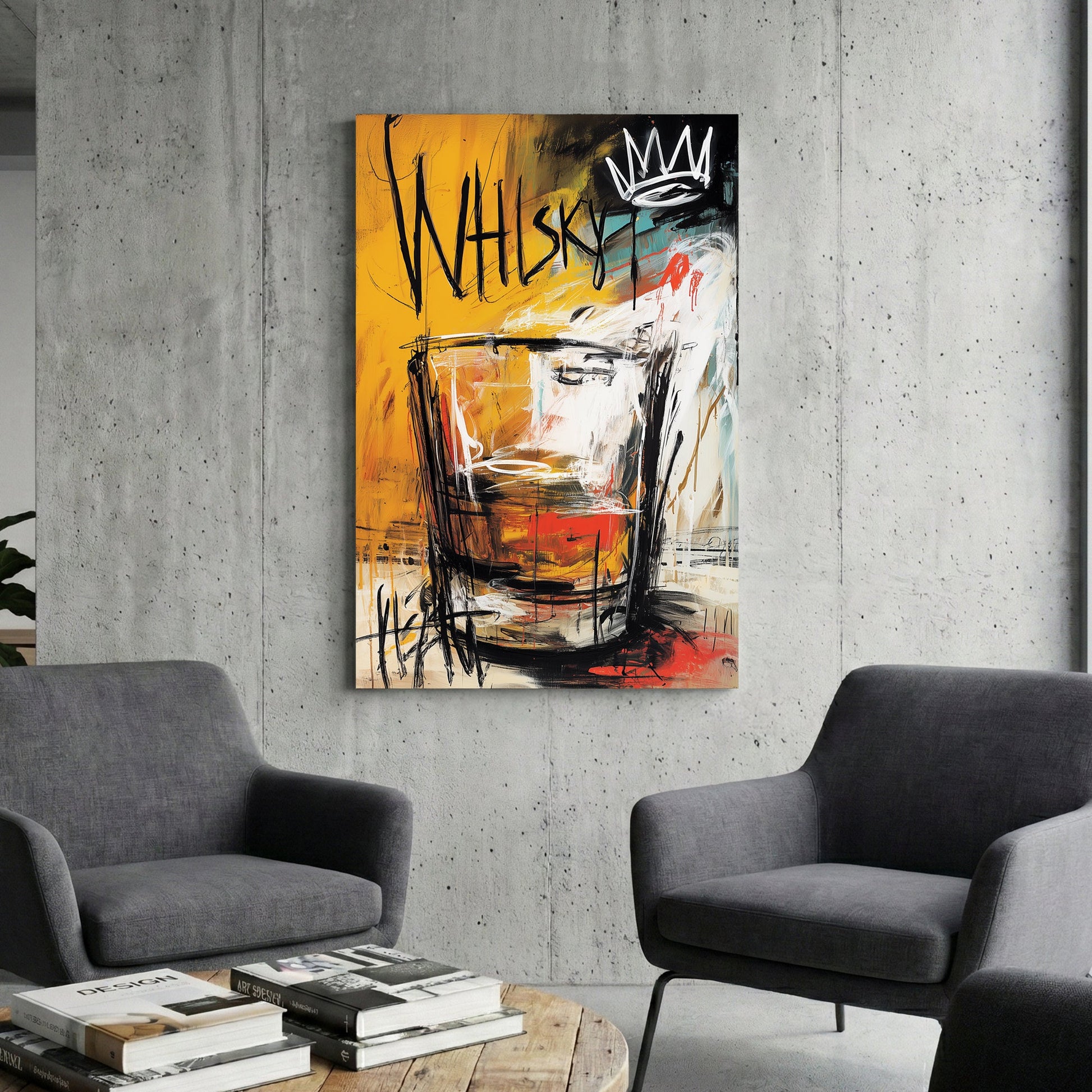 Baquiat style street art wall art featuring a whisky glass with a white crown.