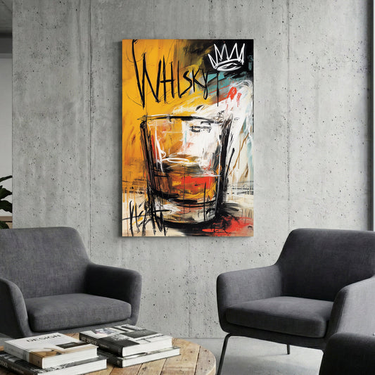 Baquiat style street art wall art featuring a whisky glass with a white crown.