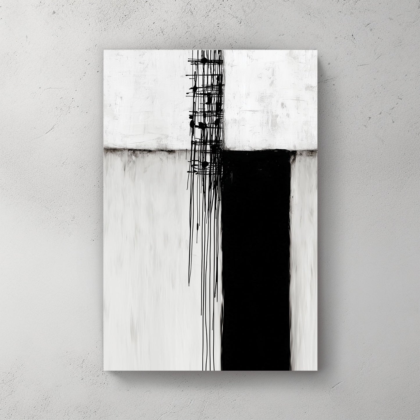 Minimalist black and white abstract wall art featuring geometric blocks and vertical drips.