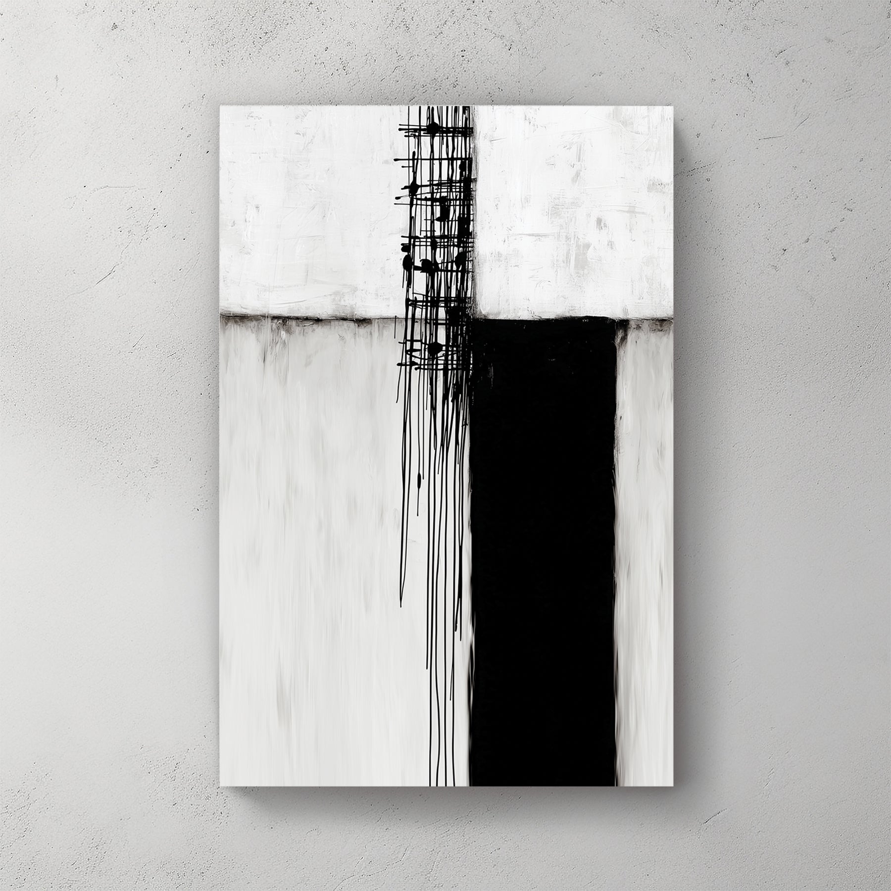 Minimalist black and white abstract wall art featuring geometric blocks and vertical drips.