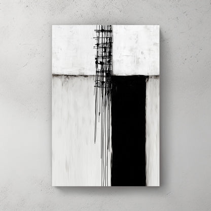 Minimalist black and white abstract wall art featuring geometric blocks and vertical drips.