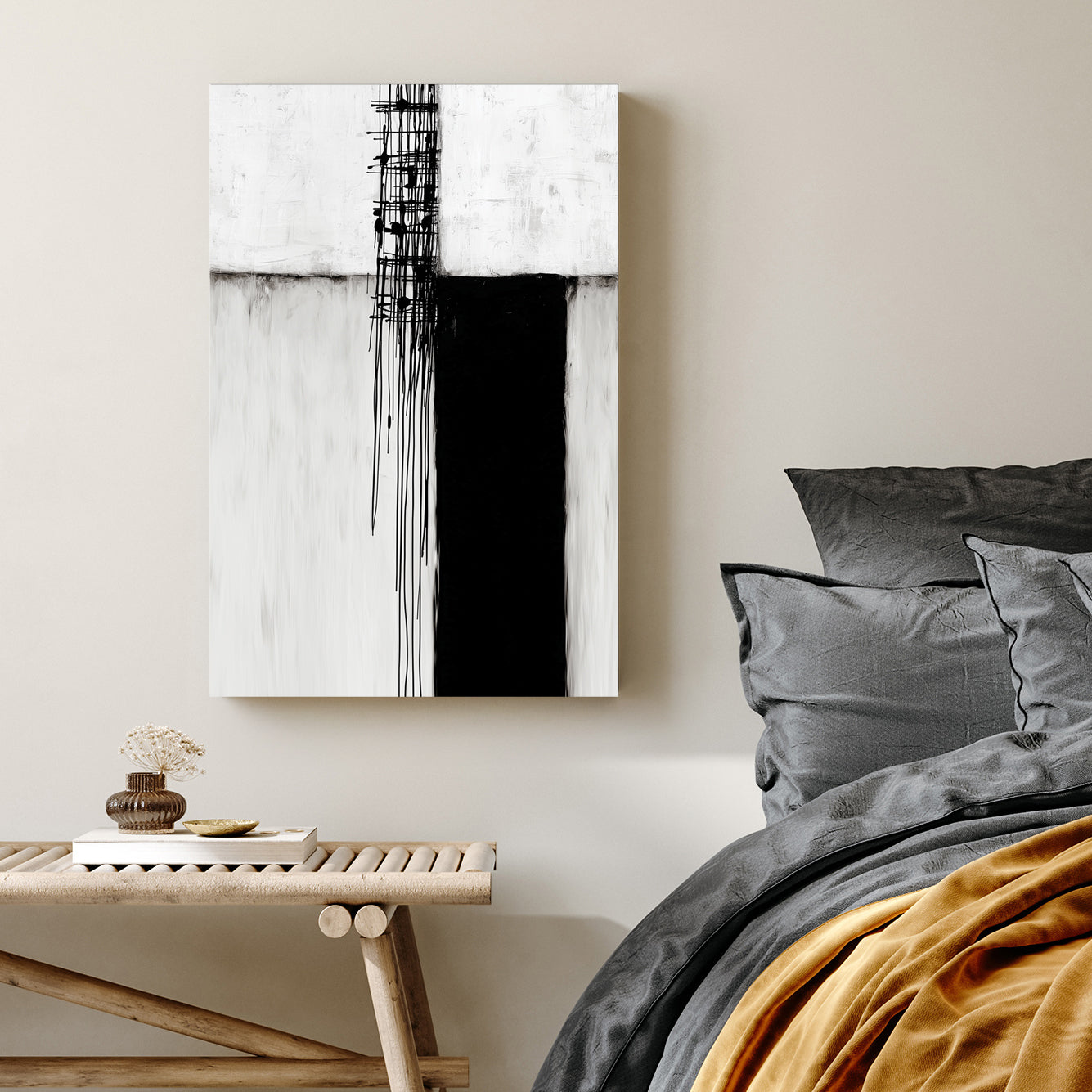 Minimalist black and white abstract wall art featuring geometric blocks and vertical drips.