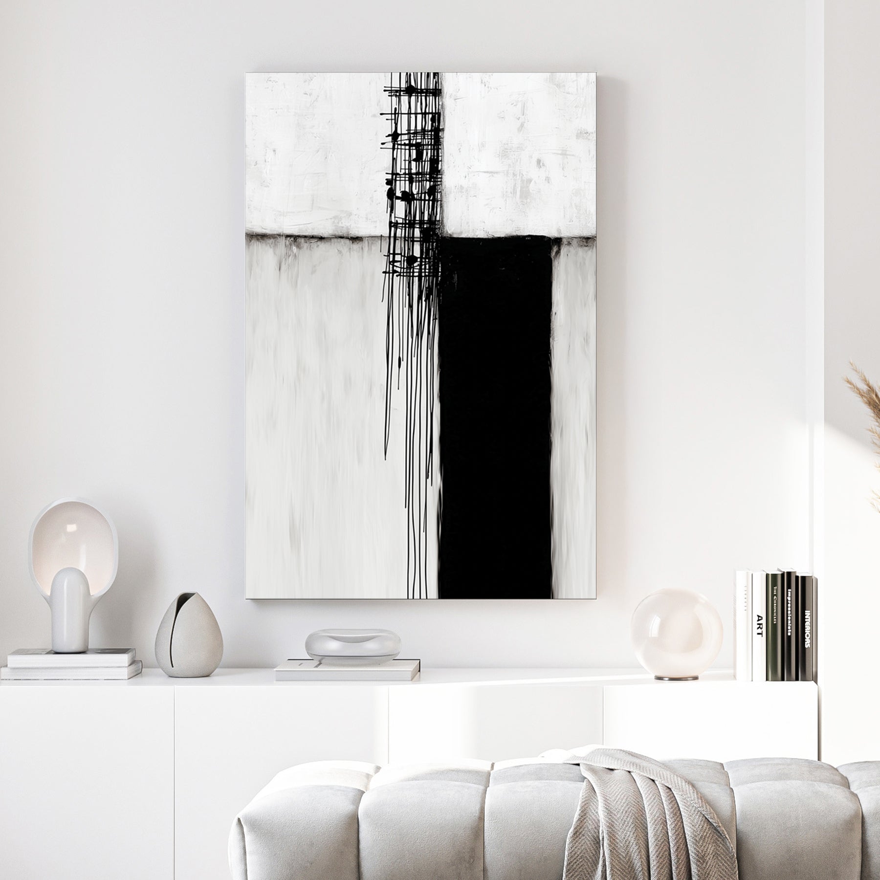 Minimalist black and white abstract wall art featuring geometric blocks and vertical drips.