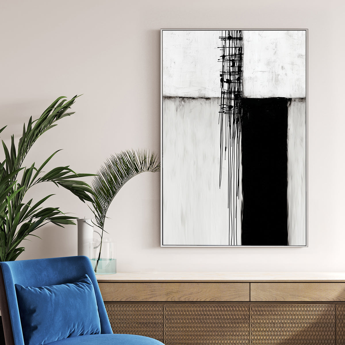 Minimalist black and white abstract wall art featuring geometric blocks and vertical drips.
