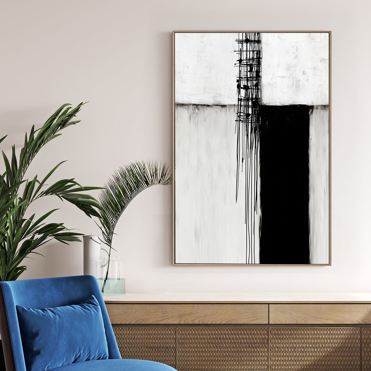 Minimalist black and white abstract wall art featuring geometric blocks and vertical drips.