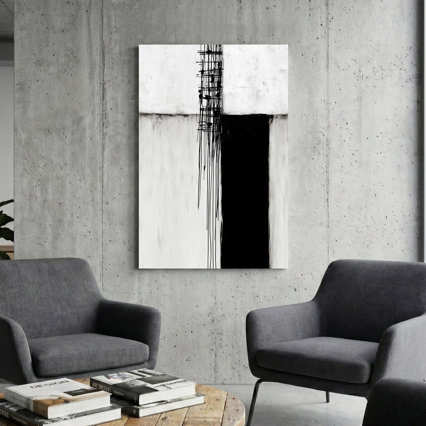 Minimalist black and white abstract wall art featuring geometric blocks and vertical drips.