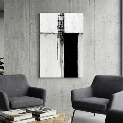 Minimalist black and white abstract wall art featuring geometric blocks and vertical drips.