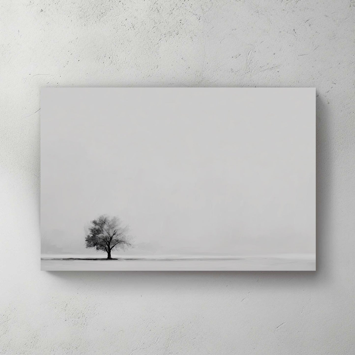 Minimalist wall art featuring a single tree in a monochrome landscape.