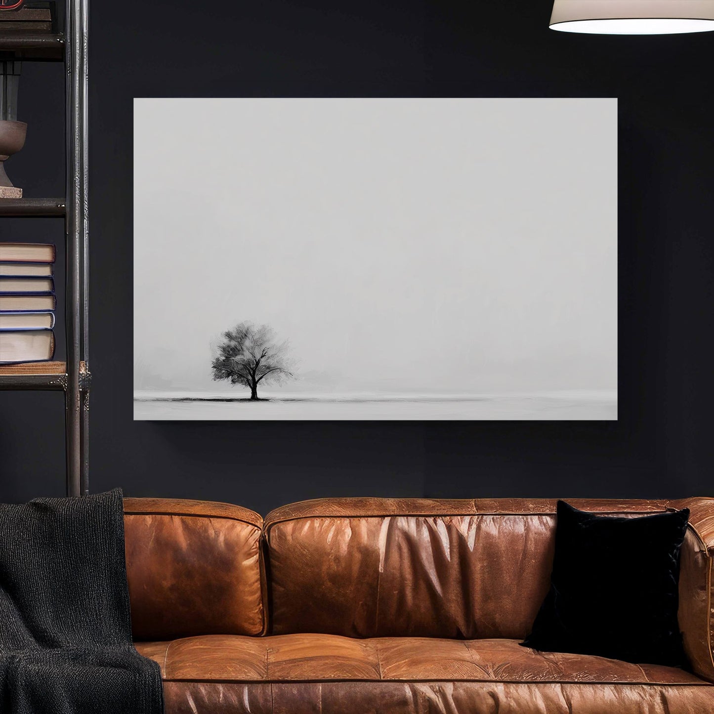 Minimalist wall art featuring a single tree in a monochrome landscape.
