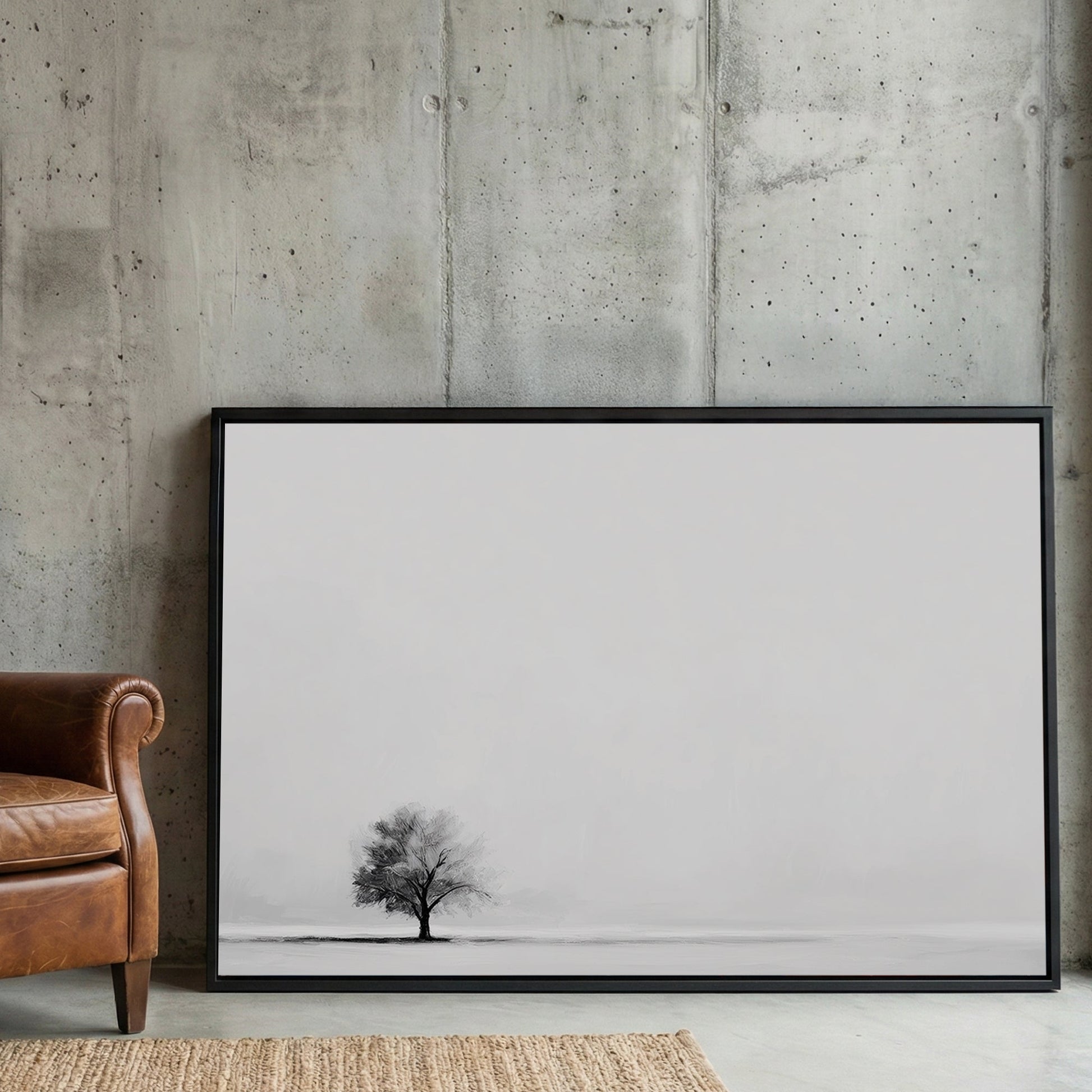 Minimalist wall art featuring a single tree in a monochrome landscape.