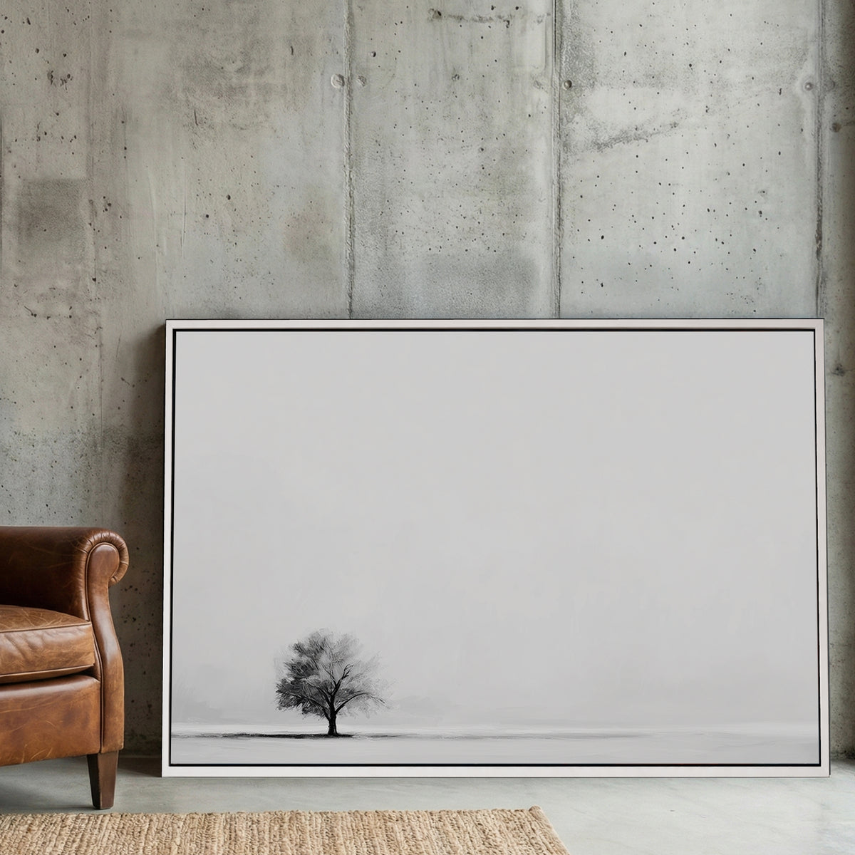 Minimalist wall art featuring a single tree in a monochrome landscape.