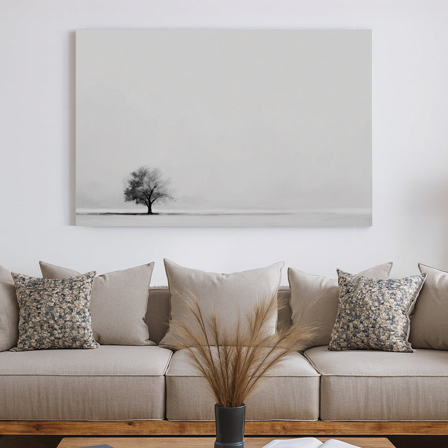 Minimalist wall art featuring a single tree in a monochrome landscape.