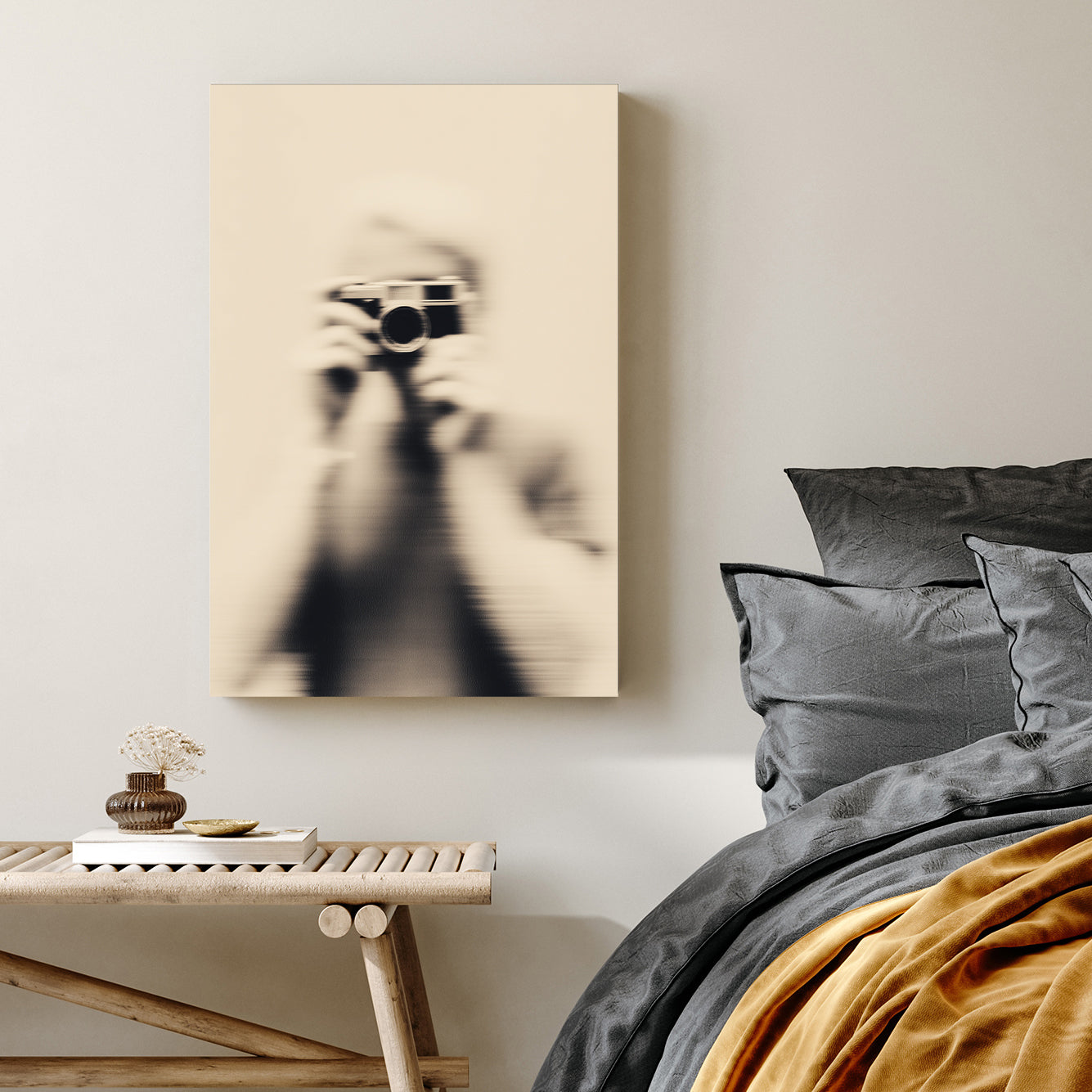 Blurred vintage photography of a person holding a Leica M camera wall art.