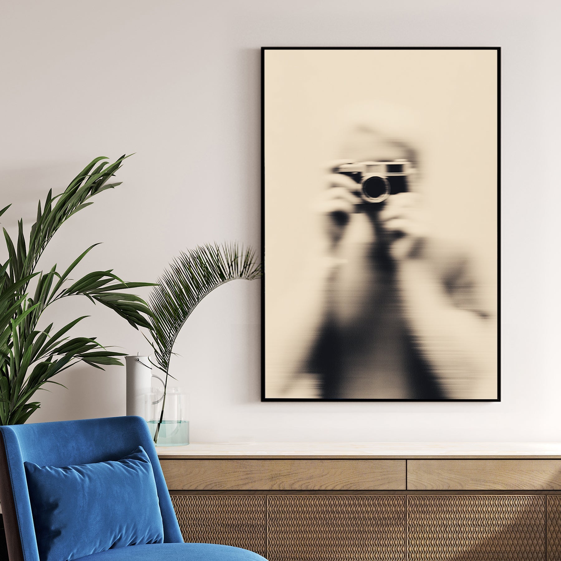 Blurred vintage photography of a person holding a Leica M camera wall art.