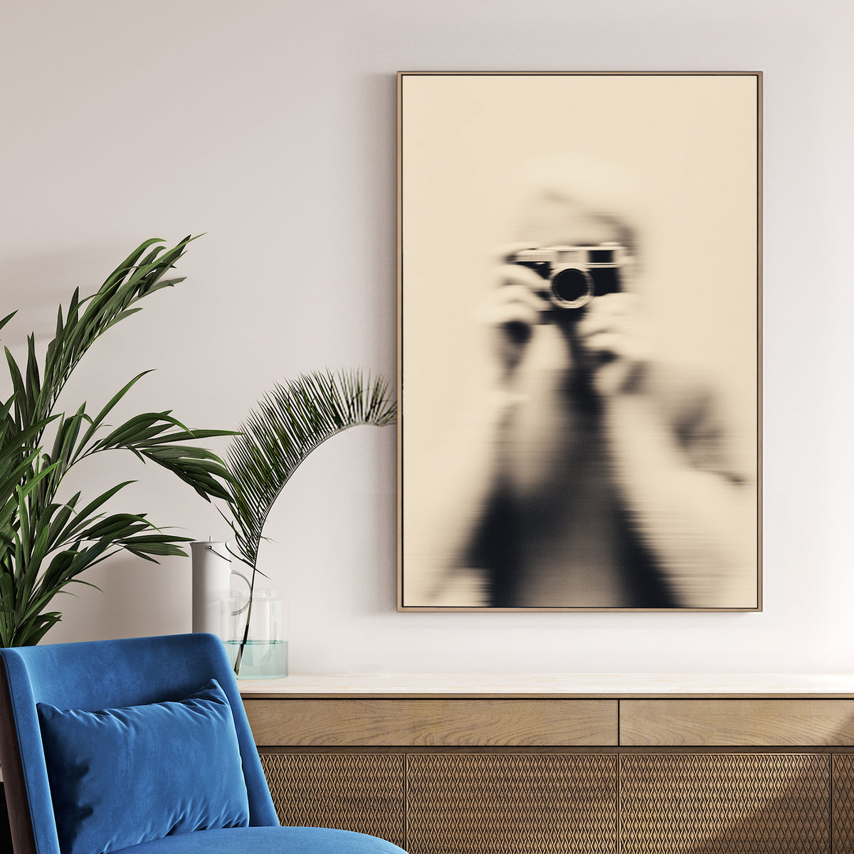 Blurred vintage photography of a person holding a Leica M camera wall art.