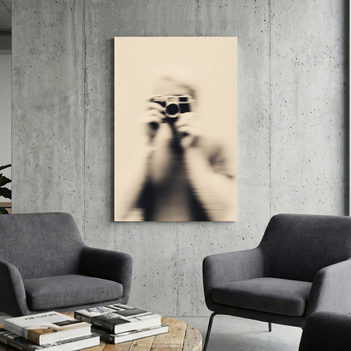 Blurred vintage photography of a person holding a Leica M camera wall art.