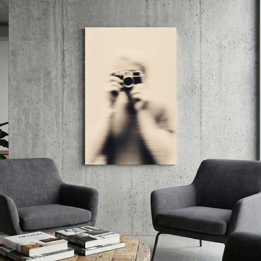 Blurred vintage photography of a person holding a Leica M camera wall art.