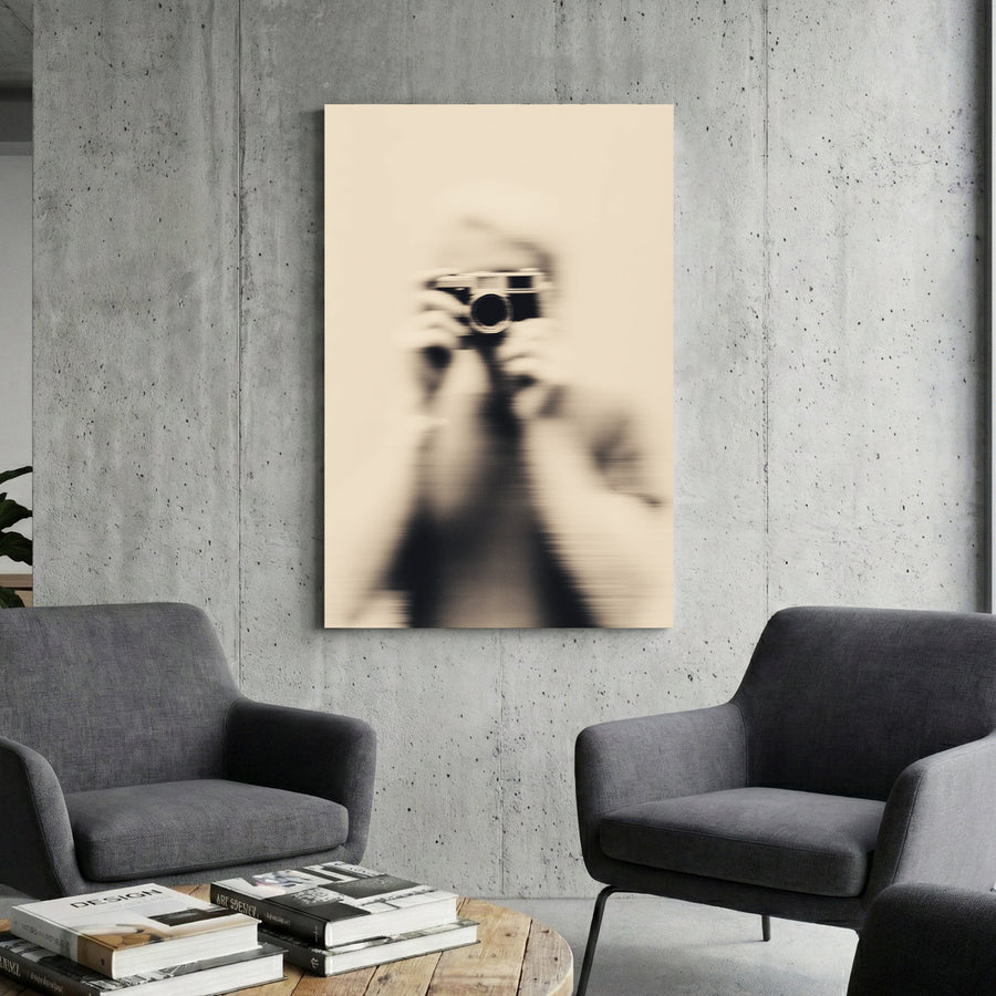 Blurred vintage photography of a person holding a Leica M camera wall art.