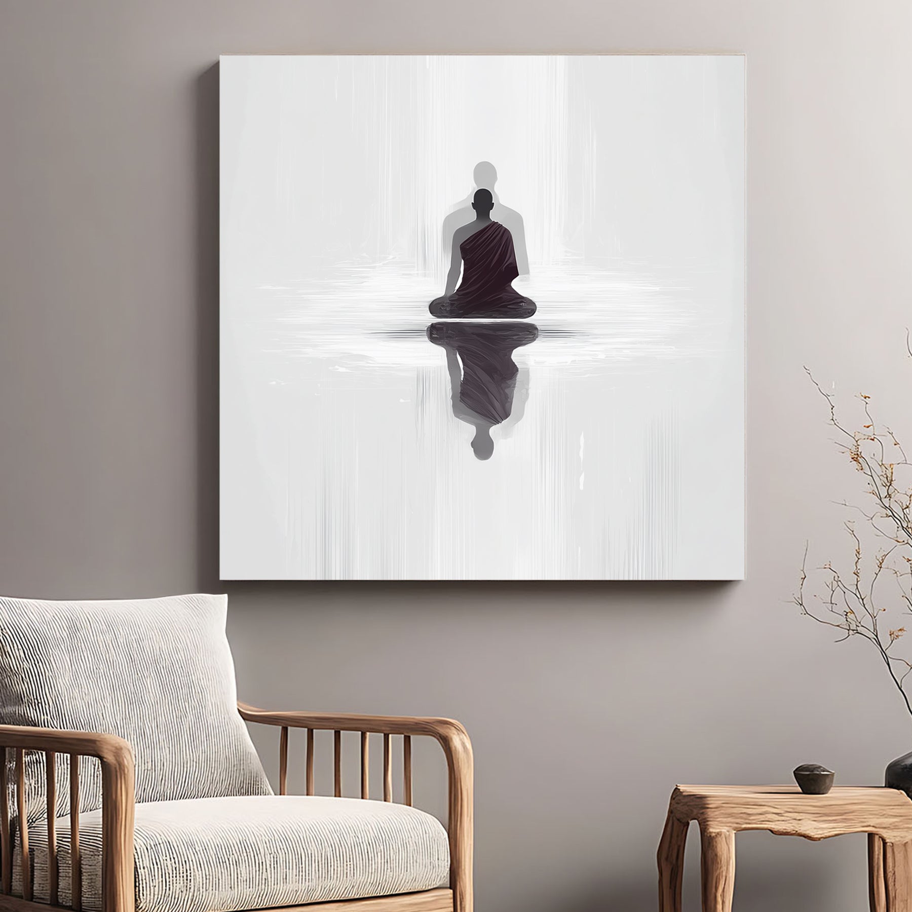 Minimalist Buddhist Monk silhouette reflecting in water wall art