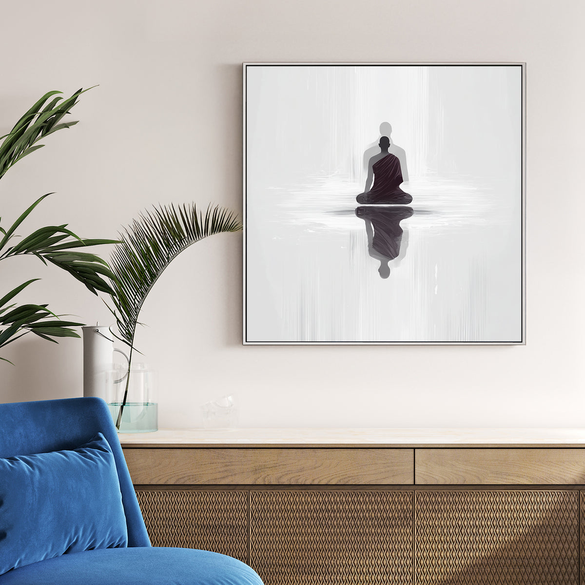 Minimalist Buddhist Monk silhouette reflecting in water wall art